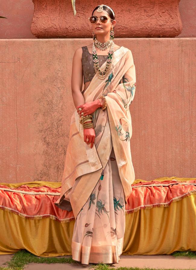 Organza Silk Beige Casual Wear Printed Saree